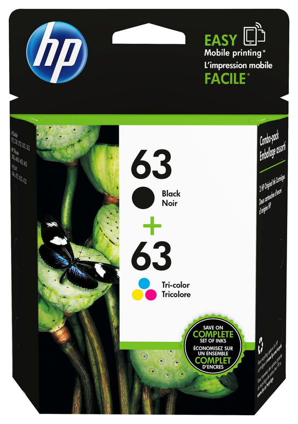 HP 63 Black/Tri-Color Standard Yield Ink Cartridges, 2/Pack, F6U62AN, F6U61AN